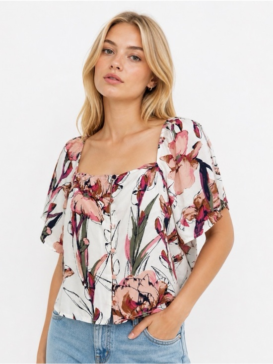 Leith Tops - Leith Floral Print Short Sleeve Button Down Blouse Shirt Size Small